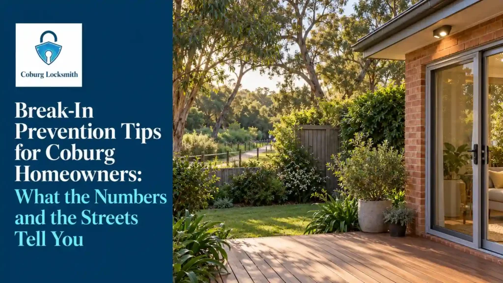 Rear garden of a Coburg brick home with a sliding glass door, sensor light and leafy trail beyond the fence