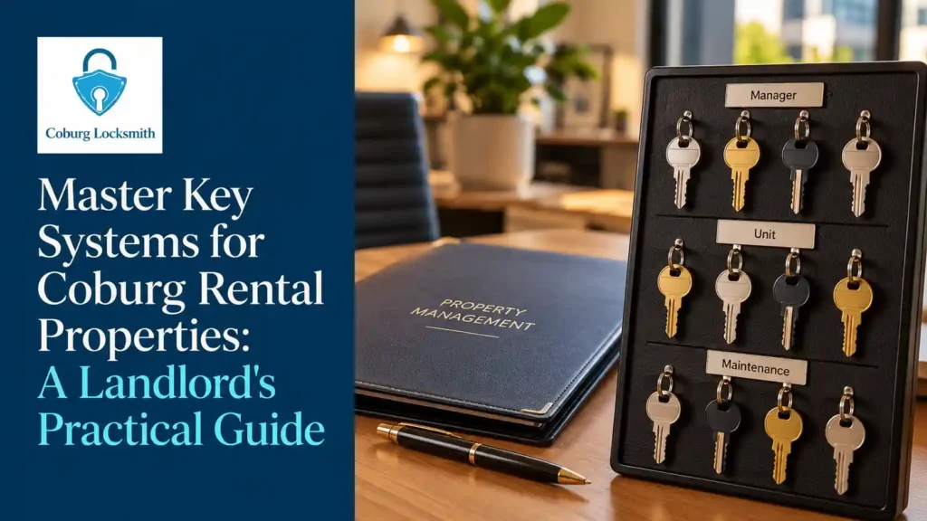 Organised master key panel beside a property management folder in a Coburg rental office setting