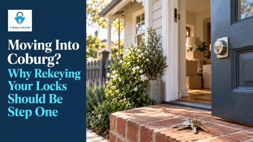 Fresh house keys on the step of a renovated Coburg cottage, with a new deadlock and moving boxes visible inside