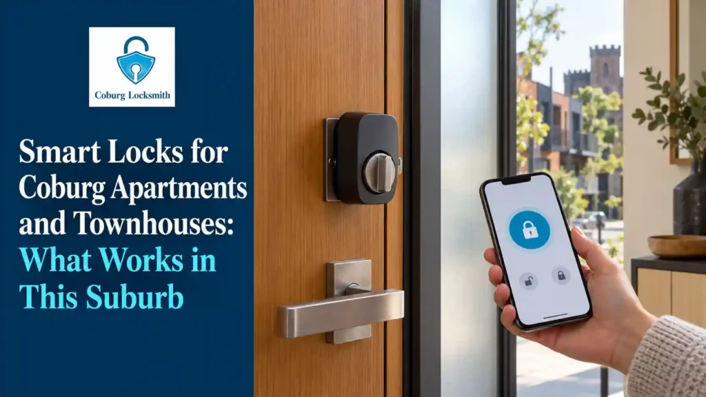 Retrofit smart lock on a Coburg townhouse door, with a phone showing the lock controls beside it